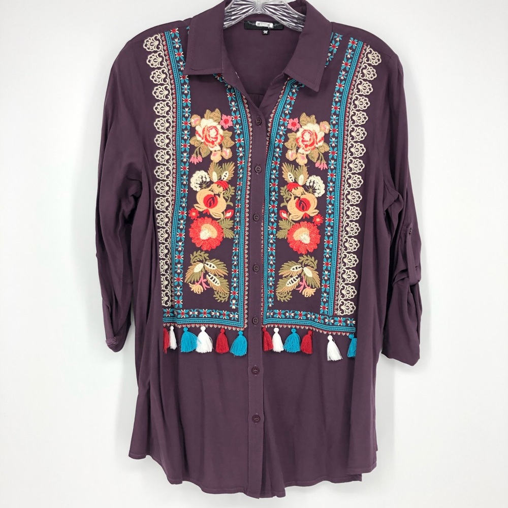 Embroidered Floral Purple Tassel Button Up Blouse Roll Tab Sleeves Size Medium